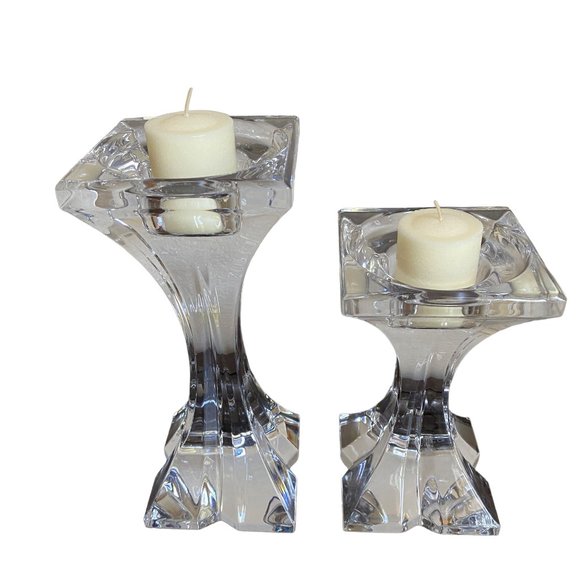2 Pillar Clear Glass 24% Crystal Lead Candle Holders Slovenia 9" & 6" Tall - Picture 2 of 16